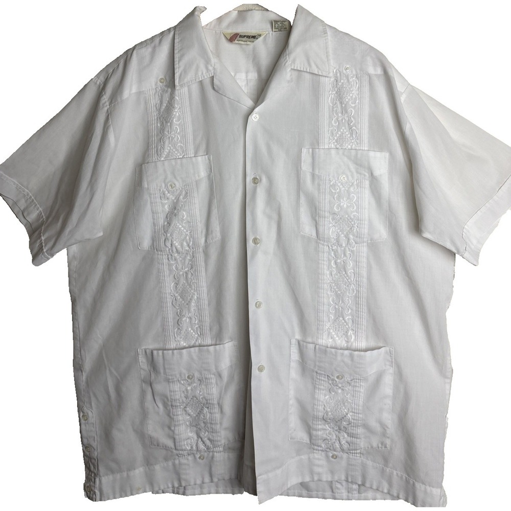 Vintage SUPREME Guayabera Shirt Mens XL White Embroidered 4 Pocket‎ Cuban Camp